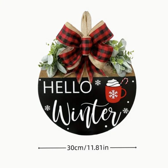 Hello Winter Front Door Hanging Sign Festive Holiday Bow Decor Wood Wreath 11.8" - Picture 3 of 5